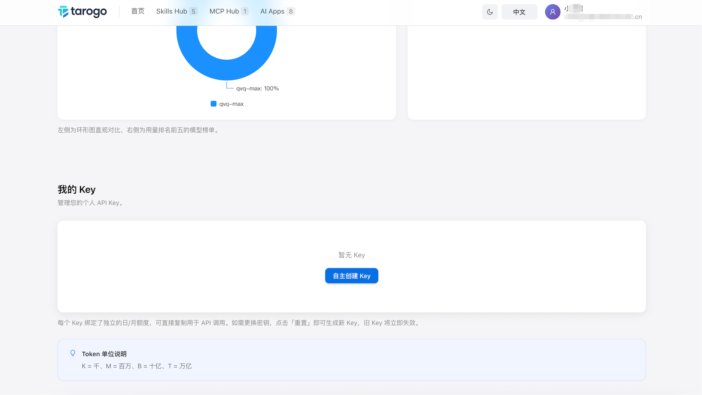 图 1:无 Key 状态下展示「自主创建 Key」按钮